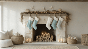 Coastal Christmas Stockings: Bring the Beach to Your Holiday Decor Photorealistic coastal living room with a weathered limestone fireplace, featuring handcrafted stockings in seafoam blue, pearl white, and sandy beige, adorned with seashell and starfish accents, illuminated by golden hour light through large windows.