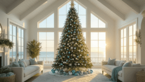 Coastal Christmas Tree Decorations: Bring the Beach Home for the Holidays A photorealistic luxury coastal living room featuring a 9-foot Christmas tree adorned with sea glass baubles, shells, and starfish, with sunlight streaming through floor-to-ceiling windows, highlighting a serene coastal color palette of seafoam green, pearl white, and ocean blue.