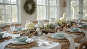 Coastal Christmas Tablescape: Create a Breezy, Festive Holiday Dining Experience A sunlit coastal Christmas dining table dressed in white linen, featuring a centerpiece of driftwood, mercury glass votives, and capiz shell ornaments, with rattan placemats, porcelain plates, and azure napkins secured by starfish rings, enhanced by metallic seashells and fairy lights, captured in warm golden hour light.