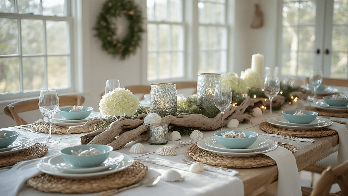 A sunlit coastal Christmas dining table dressed in white linen, featuring a centerpiece of driftwood, mercury glass votives, and capiz shell ornaments, with rattan placemats, porcelain plates, and azure napkins secured by starfish rings, enhanced by metallic seashells and fairy lights, captured in warm golden hour light.