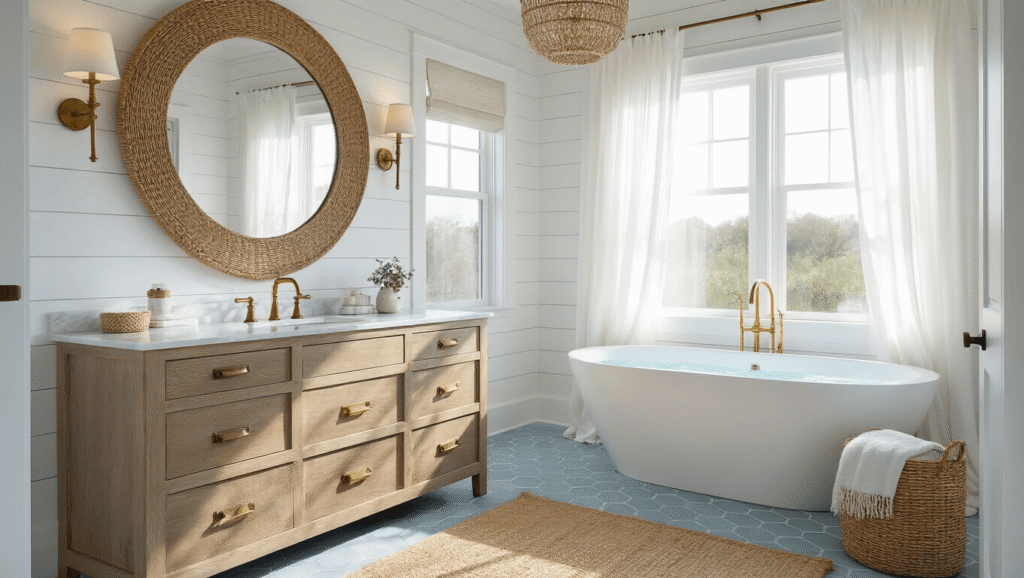 Coastal Cottage Bathroom: Your Ultimate Guide to Serene, Breezy Design A serene coastal cottage master bathroom featuring a freestanding soaking tub, a double vanity with Carrara marble, and pale blue-grey hexagon tiles, illuminated by golden hour light streaming through sheer curtains.