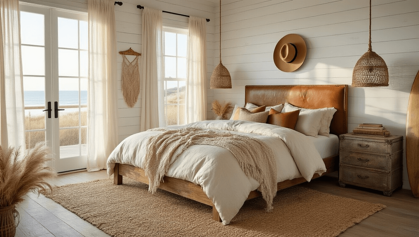 Photorealistic coastal cowgirl bedroom interior featuring a reclaimed wooden king bed, shiplap walls, layered neutral bedding, and golden hour light through sheer curtains, with vintage decor and natural textures.