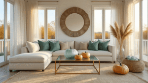 Coastal Fall Decor: Transform Your Space with Soft, Seaside Autumn Vibes Photorealistic coastal living room with floor-to-ceiling windows, plush oatmeal sectional, sea glass pumpkins on brass coffee table, driftwood mirror, and natural textures, bathed in golden hour light.