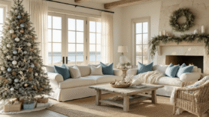 Coastal Farmhouse Christmas: Create a Dreamy Holiday Haven Photorealistic image of a sunlit coastal farmhouse living room adorned for Christmas, featuring a tall flocked tree, plush sofa with aqua and navy pillows, a driftwood coffee table, and a limestone fireplace decorated with cedar garlands and candles, all illuminated by warm golden hour light.