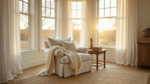 Coastal Grandma Fall Style: Creating Cozy, Elegant Autumn Interiors A sunlit living room with 10ft ceilings, featuring a large bay window with sheer white curtains, an oversized oatmeal linen armchair draped in a chunky ivory throw, a vintage oak side table with leather-bound books and a brass lamp, and a cream-toned jute rug, all captured in warm golden hour light.