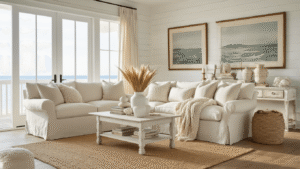 Embrace the Fall Coastal Grandmother Style: A Cozy Autumn Transformation Guide A sun-drenched coastal living room at golden hour, featuring a plush cream sofa, weathered oak floors, white shiplap walls adorned with vintage seascapes, and an asymmetrical vignette of ceramic vases with dried flowers, creating a warm and ethereal atmosphere.