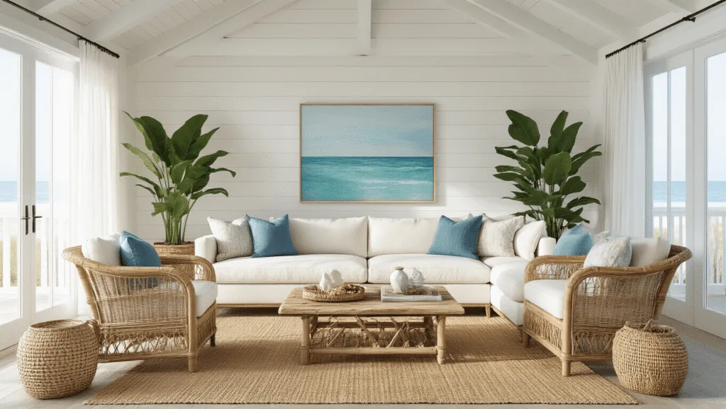 Florida Home Decor: Create a Bright, Breezy Coastal Retreat in Your Living Space Photorealistic interior design of a sun-drenched coastal living room featuring a cream sectional sofa, rattan chairs, driftwood coffee table, and decorative coastal accents, bathed in soft morning light.