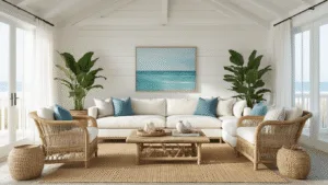 Florida Home Decor: Create a Bright, Breezy Coastal Retreat in Your Living Space Photorealistic interior design of a sun-drenched coastal living room featuring a cream sectional sofa, rattan chairs, driftwood coffee table, and decorative coastal accents, bathed in soft morning light.