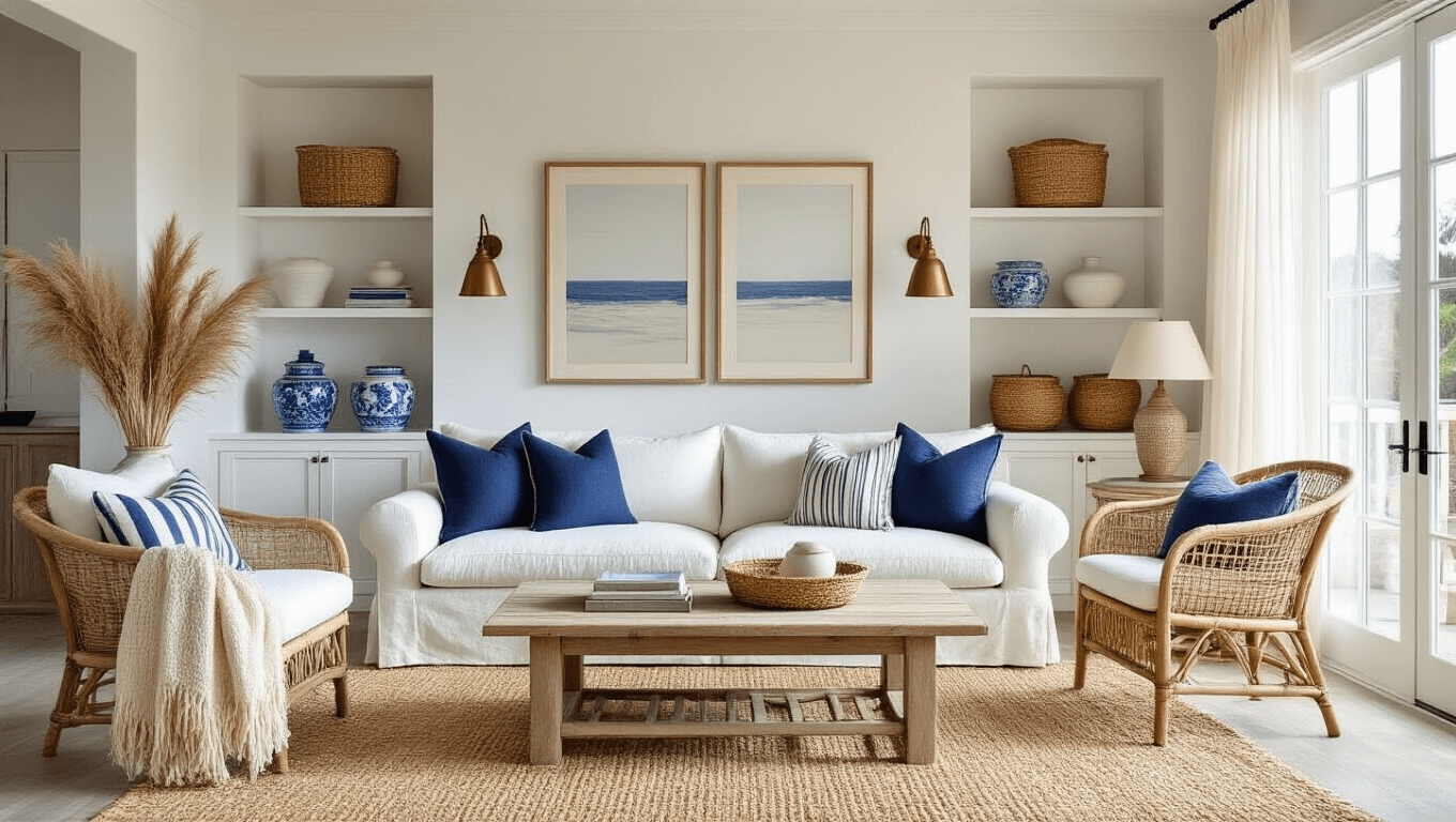 Photorealistic interior of a sunlit coastal living room featuring an oversized off-white linen sofa with navy striped pillows, a weathered oak coffee table, and a rattan accent chair, all set on a natural jute rug. The room is adorned with sheer white linen curtains, vintage brass lighting, and whitewashed shelves displaying blue-and-white pottery and dried pampas grass, bathed in warm golden hour light.