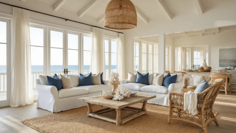Cinematic wide-angle view of a sunlit coastal living room with a white slipcovered sofa, large windows with sheer curtains, a rattan armchair, and natural textures, capturing serene coastal elegance at golden hour.