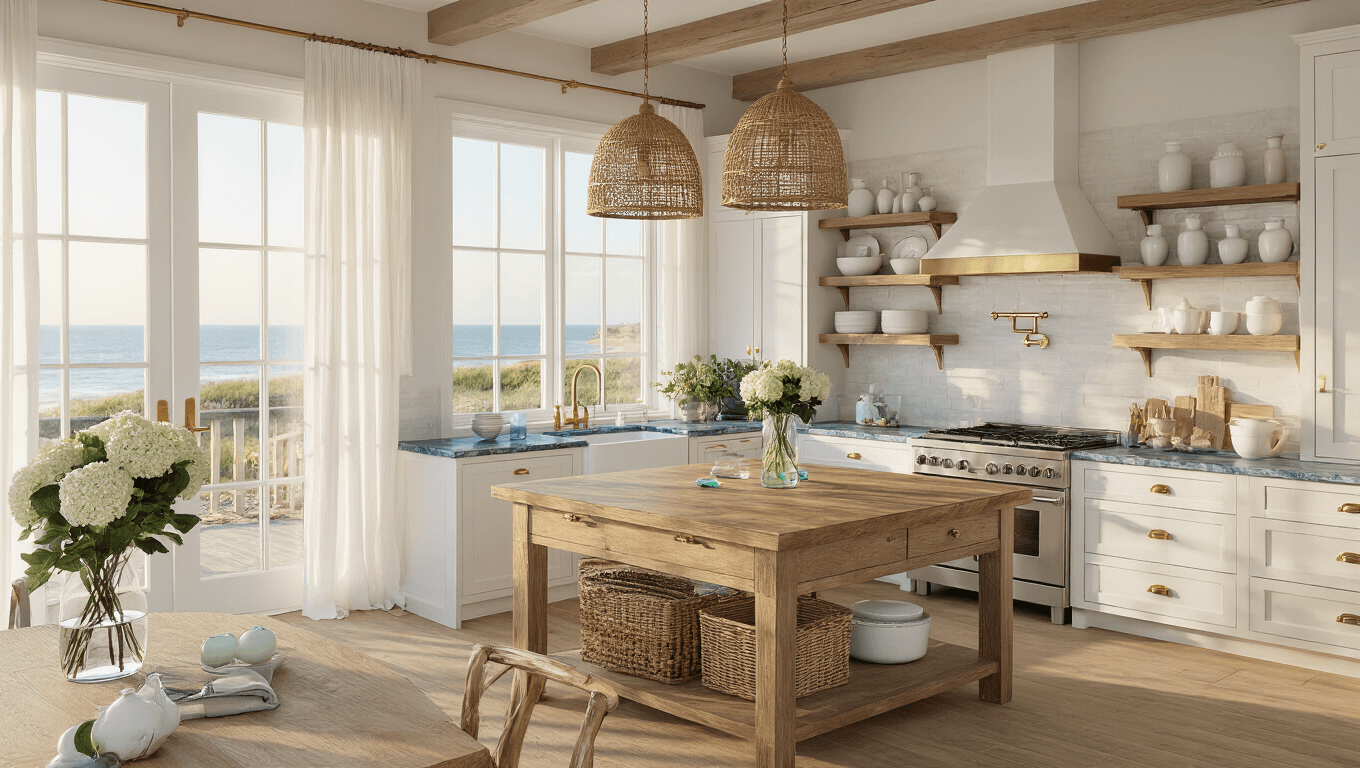 Photorealistic wide-angle shot of a luxurious coastal kitchen in golden hour light, featuring white shaker cabinets, blue-grey marble countertops, natural oak shelving, a weathered oak island with hydrangeas, rattan pendant lights, sheer white curtains, sandy-toned floors, and soft bokeh effect in 8K resolution.