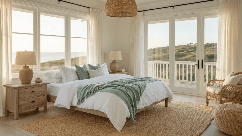 Coastal Master Bedroom: Your Serene Seaside Sanctuary at Home Photorealistic coastal master bedroom at golden hour featuring a king-sized bed with white linen and seafoam green throws, weathered oak nightstands with ceramic lamps, sheer curtains, and a jute rug on whitewashed wood floors, adorned with coastal decor and a dramatic rattan pendant light.