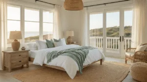 Coastal Master Bedroom: Your Serene Seaside Sanctuary at Home Photorealistic coastal master bedroom at golden hour featuring a king-sized bed with white linen and seafoam green throws, weathered oak nightstands with ceramic lamps, sheer curtains, and a jute rug on whitewashed wood floors, adorned with coastal decor and a dramatic rattan pendant light.
