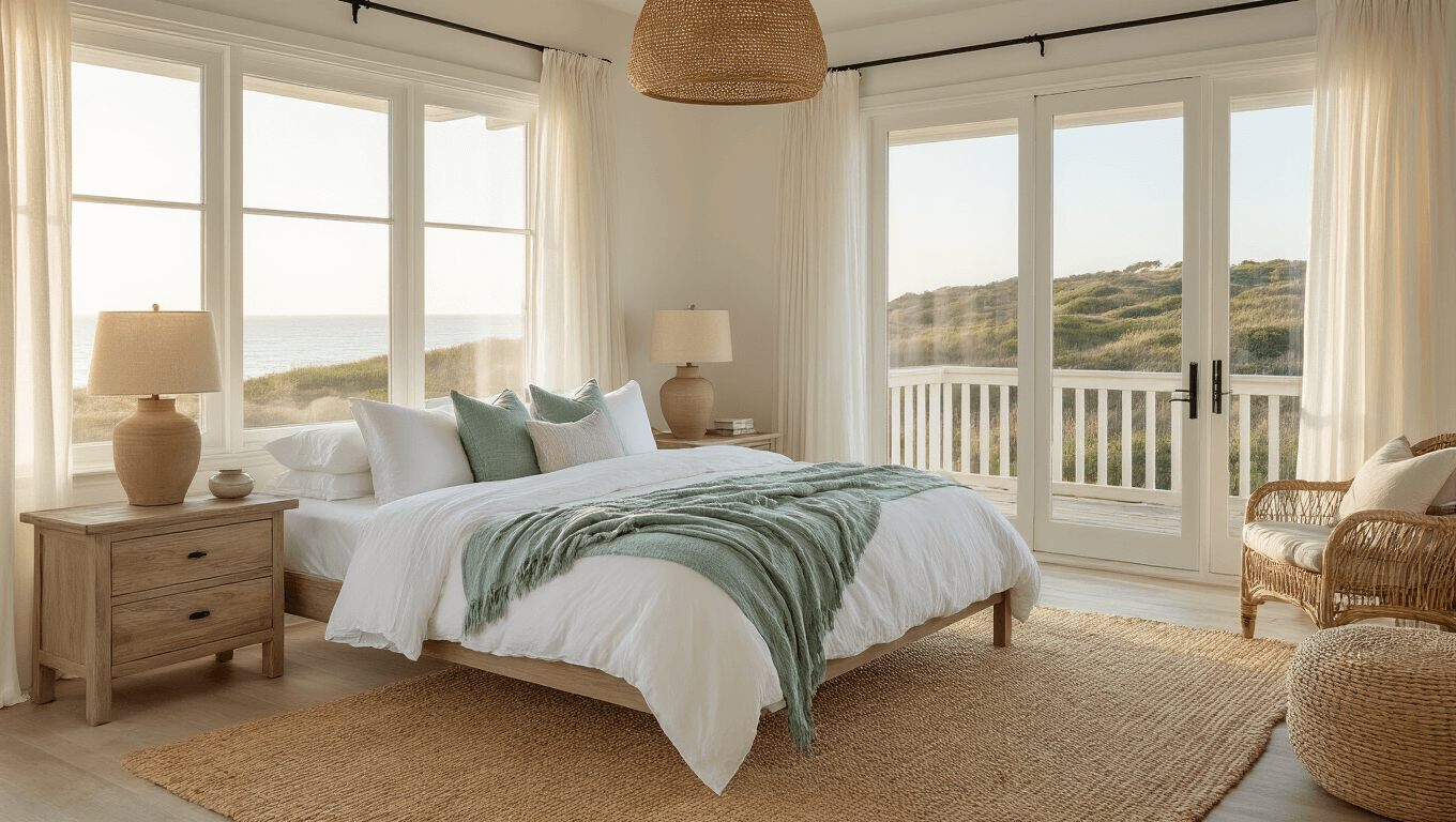 Photorealistic coastal master bedroom at golden hour featuring a king-sized bed with white linen and seafoam green throws, weathered oak nightstands with ceramic lamps, sheer curtains, and a jute rug on whitewashed wood floors, adorned with coastal decor and a dramatic rattan pendant light.