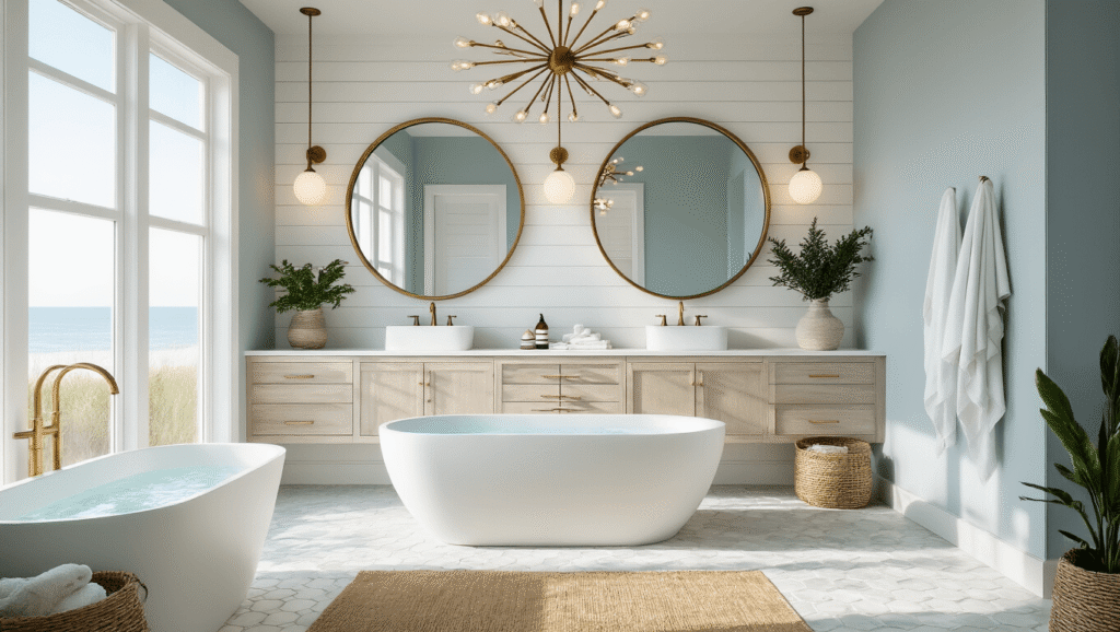 Creating Your Perfect Coastal Modern Bathroom: A Comprehensive Design Guide A luxurious coastal modern bathroom featuring a floating double vanity, oversized mirrors, and a freestanding soaking tub, illuminated by soft morning light through frosted windows, with marble hexagon tiles and natural textures.