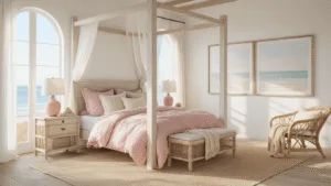 Dreamy Pink Coastal Bedroom: Your Ultimate Styling Guide Photorealistic interior of a dreamy coastal bedroom featuring a whitewashed oak four-poster bed with blush pink linen bedding, natural light flooding through arched windows, rattan accents, soft white walls with pink undertones, and a vintage Persian rug, all styled with coastal decor elements.