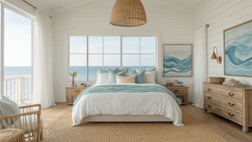 Creating Your Dreamy Coastal Bedroom: A Comprehensive Guide to Seaside Serenity Serene coastal bedroom with king-sized bed in ivory and seafoam blue linens, whitewashed shiplap walls, and natural oak flooring, featuring golden hour light, oversized rattan pendant, weathered driftwood dresser, sheer white curtains, and minimal coastal decor, captured in photorealistic detail.