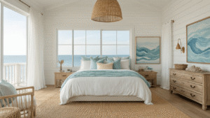 Creating Your Dreamy Coastal Bedroom: A Comprehensive Guide to Seaside Serenity Serene coastal bedroom with king-sized bed in ivory and seafoam blue linens, whitewashed shiplap walls, and natural oak flooring, featuring golden hour light, oversized rattan pendant, weathered driftwood dresser, sheer white curtains, and minimal coastal decor, captured in photorealistic detail.