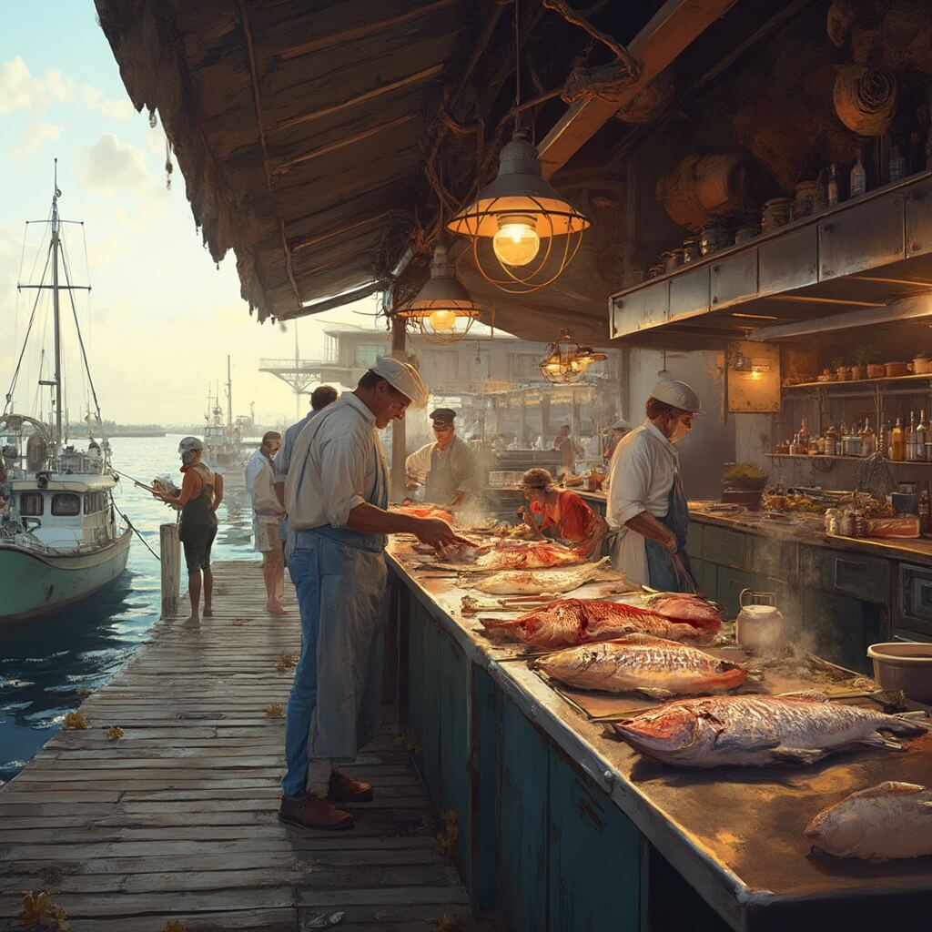 Escape the Summer Crowds: Why Panama City Beach in September is Your Secret Getaway Paradise Bustling waterfront seafood restaurant with fishermen unloading fresh catch, chefs preparing red snapper and grouper