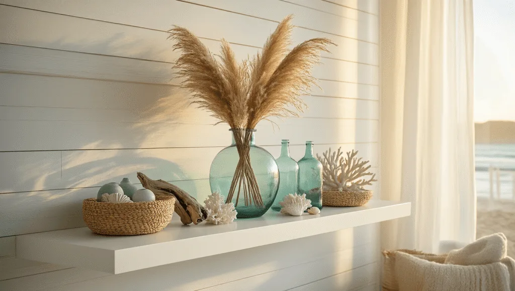 Coastal Shelf Decor: Transform Your Space with Serene Beach-Inspired Styling A serene coastal shelf vignette featuring a white floating shelf with a hand-blown glass vase of dried pampas grass, weathered driftwood, vintage aqua glass bottles, seagrass baskets, coral specimens, and artisanal ceramics, illuminated by golden hour sunlight.