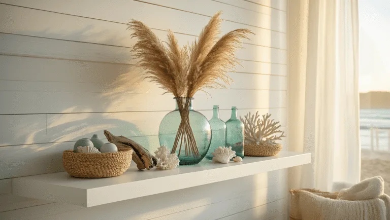 A serene coastal shelf vignette featuring a white floating shelf with a hand-blown glass vase of dried pampas grass, weathered driftwood, vintage aqua glass bottles, seagrass baskets, coral specimens, and artisanal ceramics, illuminated by golden hour sunlight.