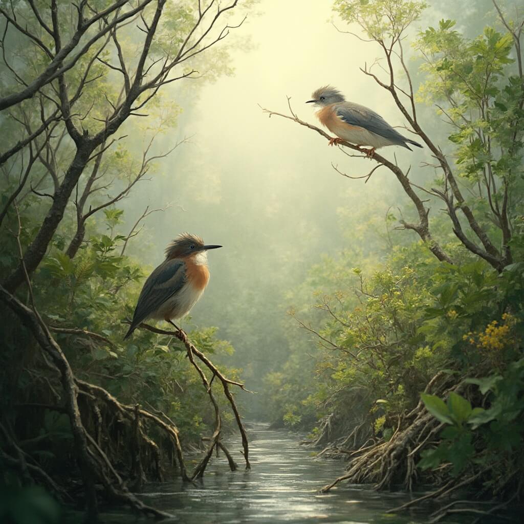 Uncover the Hidden Gem of Florida: Why Fort Myers Beach in April Will Blow Your Mind Detailed wildlife scene at Matanzas Pass Preserve featuring rare shore birds perched on branches in soft morning light, amidst diverse coastal vegetation