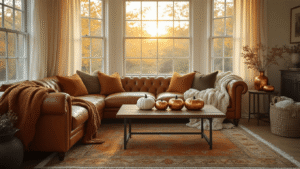 Cozy Fall Decor: Transform Your Home with Autumn's Warmth and Charm Cinematic interior shot of a sunlit living room during golden hour, featuring a cognac leather sofa with chunky knit throws, weathered wood coffee table with decorative pumpkins, and a Persian rug in autumn hues, enhanced by soft natural lighting and warm ambient glow from a vintage floor lamp.