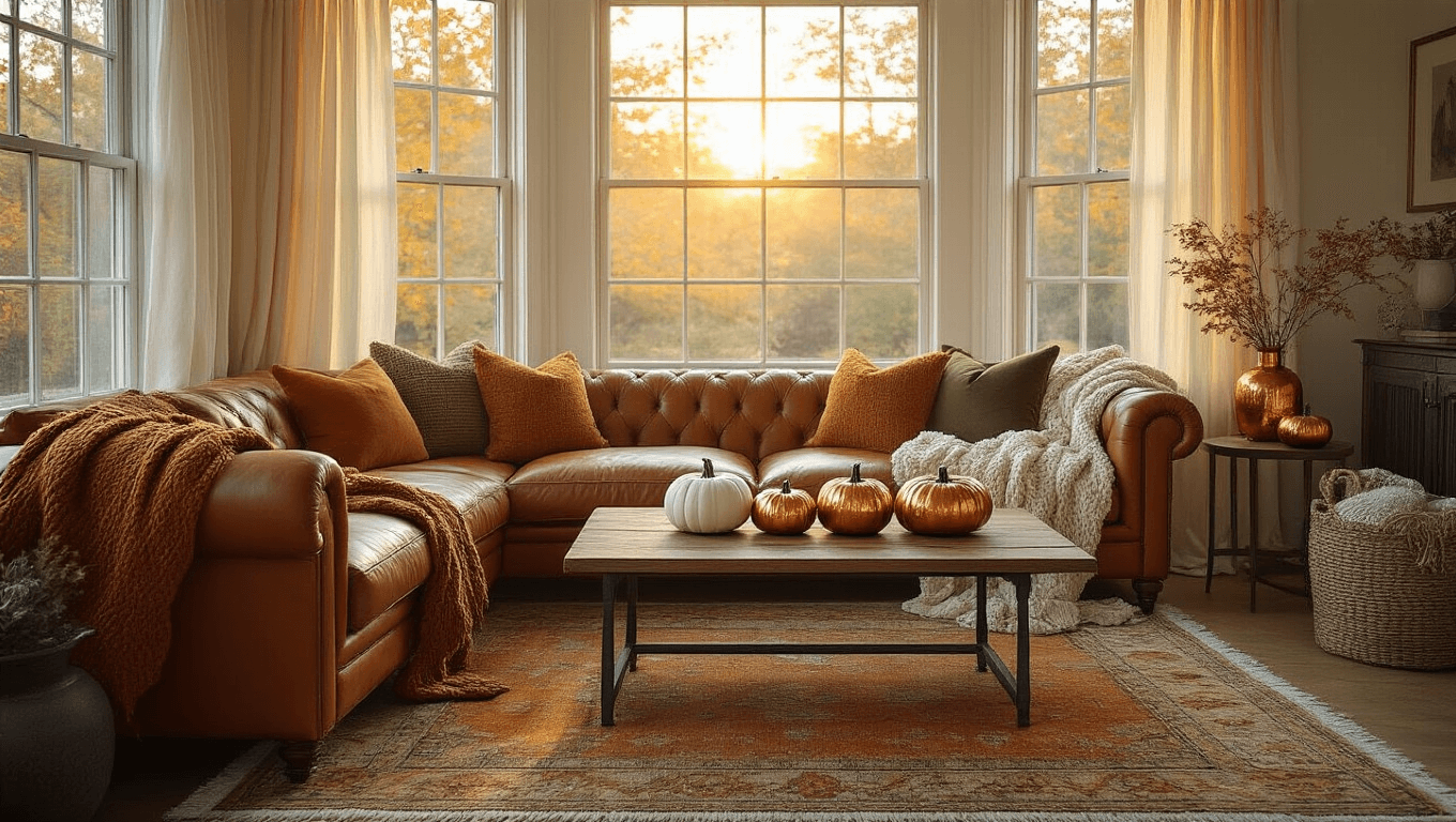 Cinematic interior shot of a sunlit living room during golden hour, featuring a cognac leather sofa with chunky knit throws, weathered wood coffee table with decorative pumpkins, and a Persian rug in autumn hues, enhanced by soft natural lighting and warm ambient glow from a vintage floor lamp.