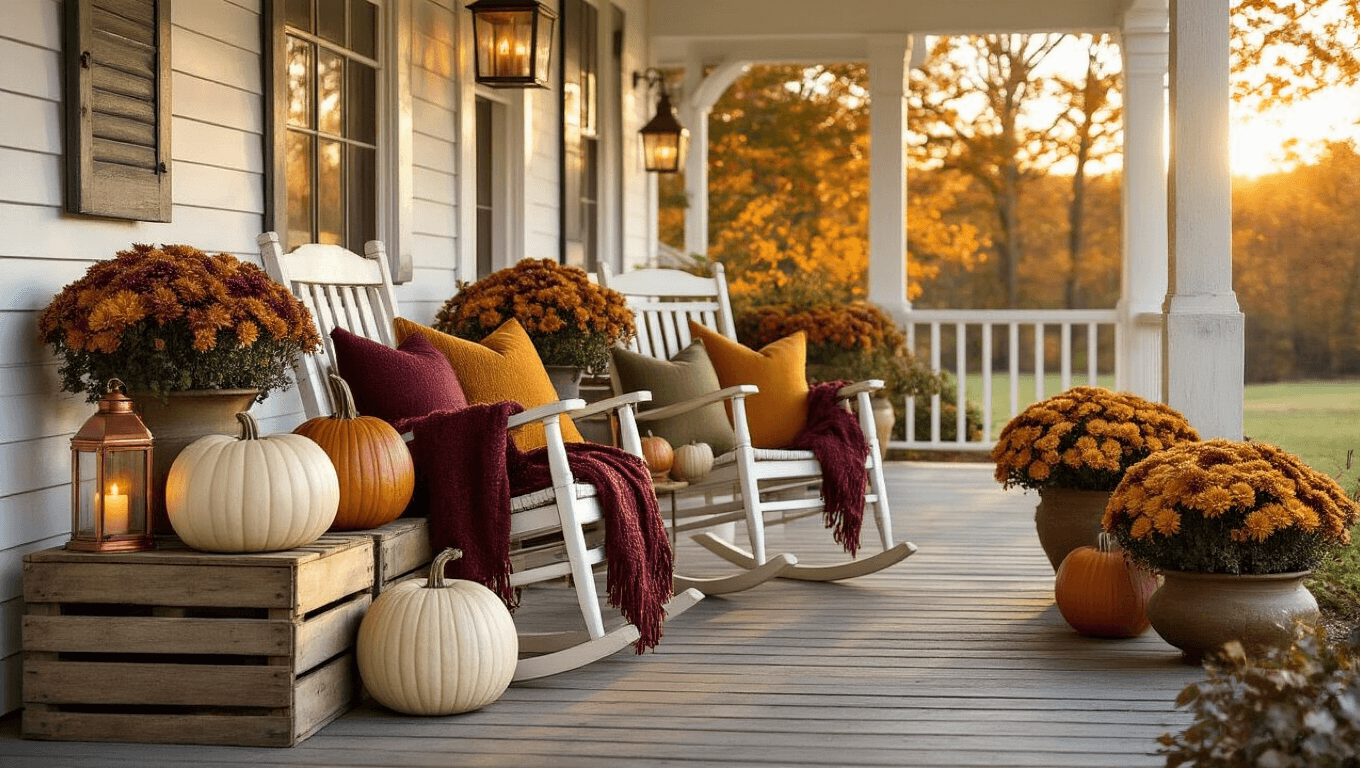 Cinematic wide-angle view of a cozy farmhouse porch adorned with autumn decorations, featuring heirloom pumpkins, copper lanterns, a rocking chair with knit throws, and blooming planters, all bathed in warm golden hour light.