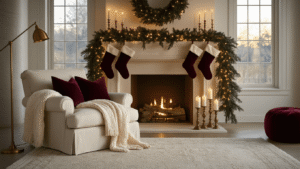 Creating a Cozy Christmas Decor: Your Ultimate Guide to Warm Holiday Styling A luxurious living room bathed in golden hour light, featuring a limestone fireplace adorned with pine garland and burgundy stockings, an oversized cream armchair with a chunky knit throw, and warm ambient lighting from a brass floor lamp and candlesticks, creating an intimate and cozy atmosphere.