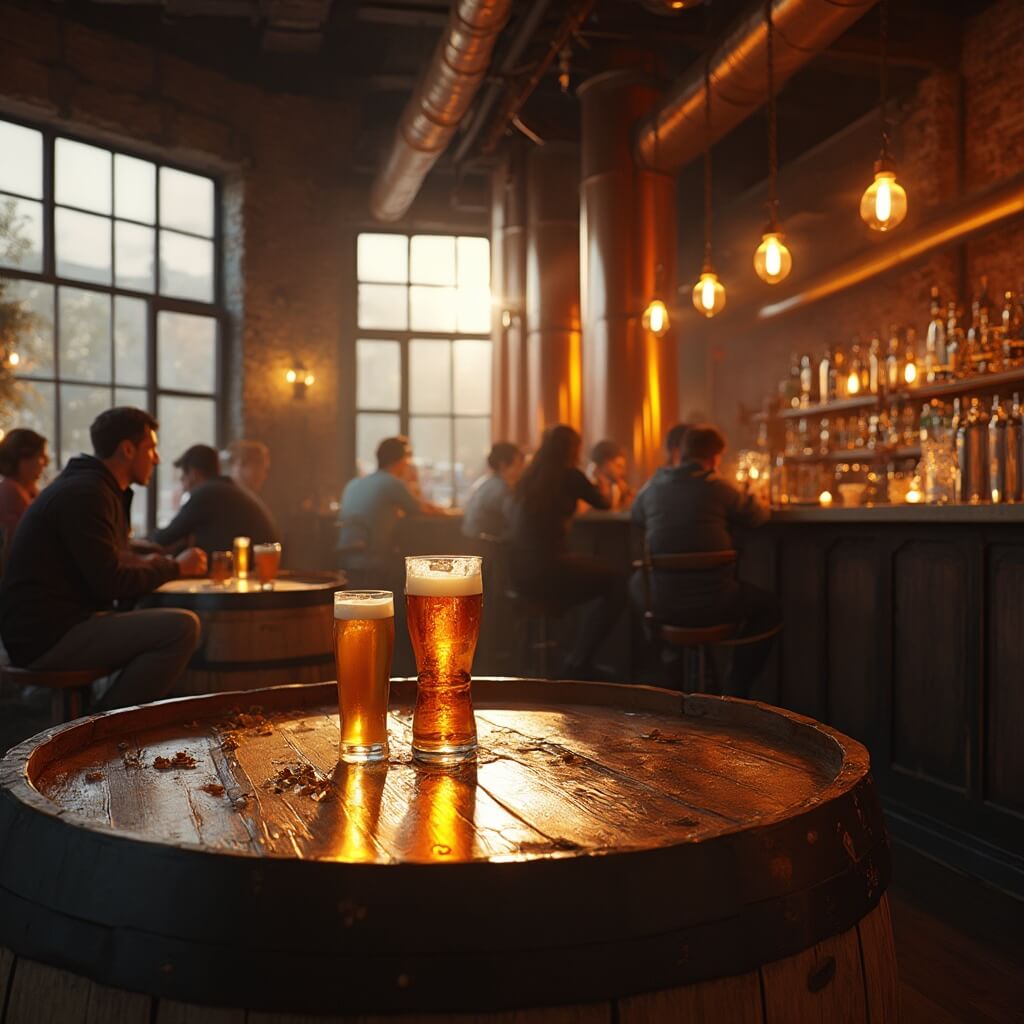 Interior of a cozy craft brewery with wooden barrel tables, locals at the bar, copper brewing tanks, sunlit glasses of beer, and exposed brick walls
