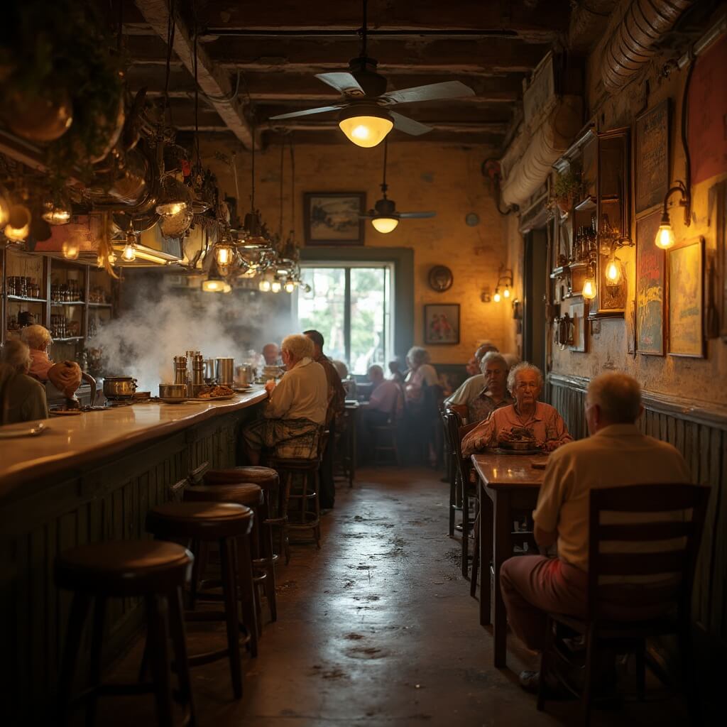 Interior of a cozy, family-owned Cuban restaurant with warm lighting, weathered wooden tables, vintage ceiling fans, traditional decor, with elderly locals chatting and fresh Cuban coffee being prepared at a busy counter