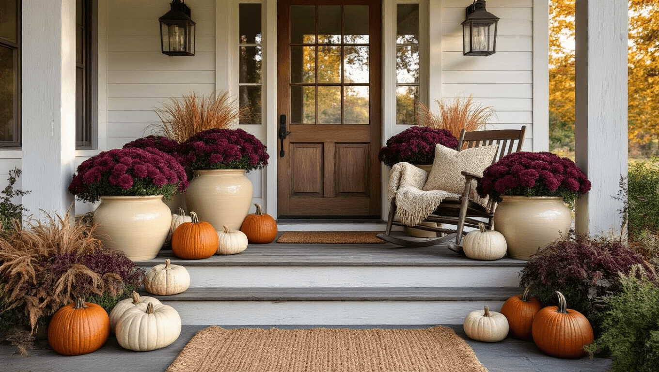 A cozy farmhouse front porch at golden hour, featuring overflowing planters of burgundy chrysanthemums and purple grass, heirloom pumpkins on wooden steps, a layered doormat, rocking chair with knit throws, and warm lanterns, accented by string lights and autumn leaves.