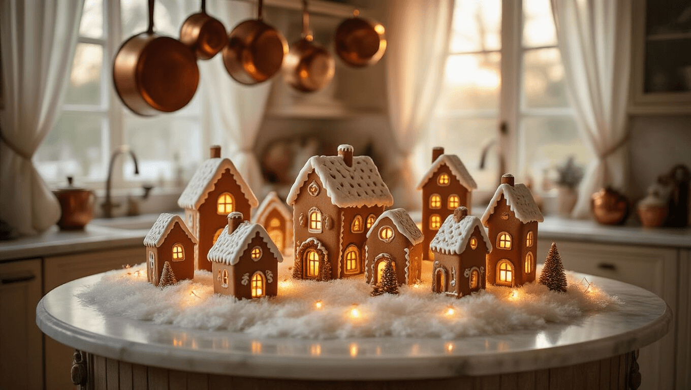 A vintage marble kitchen island adorned with a gingerbread village display, illuminated by warm copper string lights and surrounded by fluffy white faux snow, creating a cozy holiday vignette at golden hour.