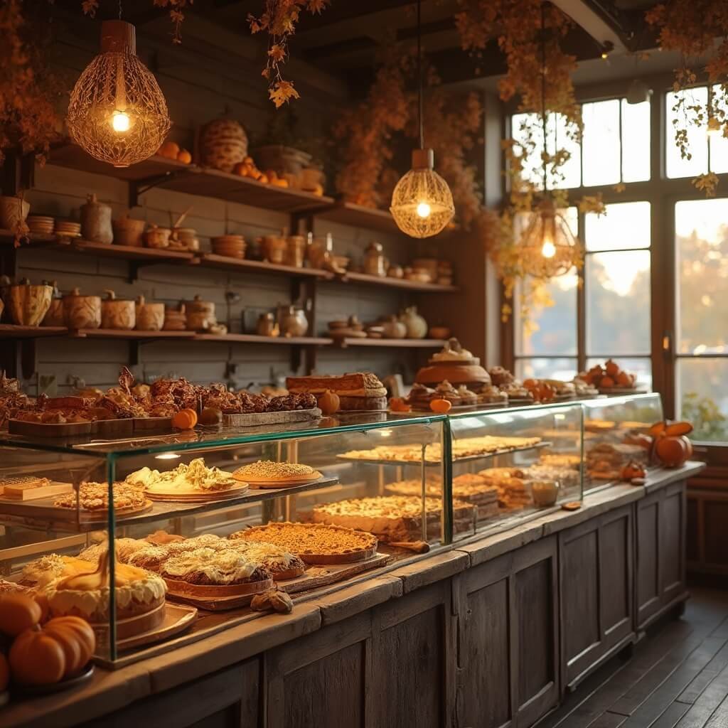 Why Tallahassee in October is Your Next Epic Adventure Autumn-themed rustic bakery interior with artisanal pastries and pies on wooden shelves, decorated with fall leaves and pumpkins, featuring warm lighting, wood and copper accents, and glass display cases