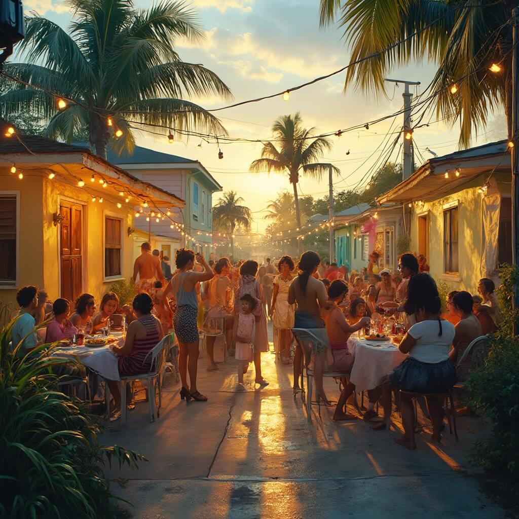 Cuban-American neighborhood block party in Hialeah, with families enjoying traditional food, children playing, people dancing, outdoor grills and string lights hung between colorful pastel houses, surrounded by palm trees and tropical vegetation during golden hour