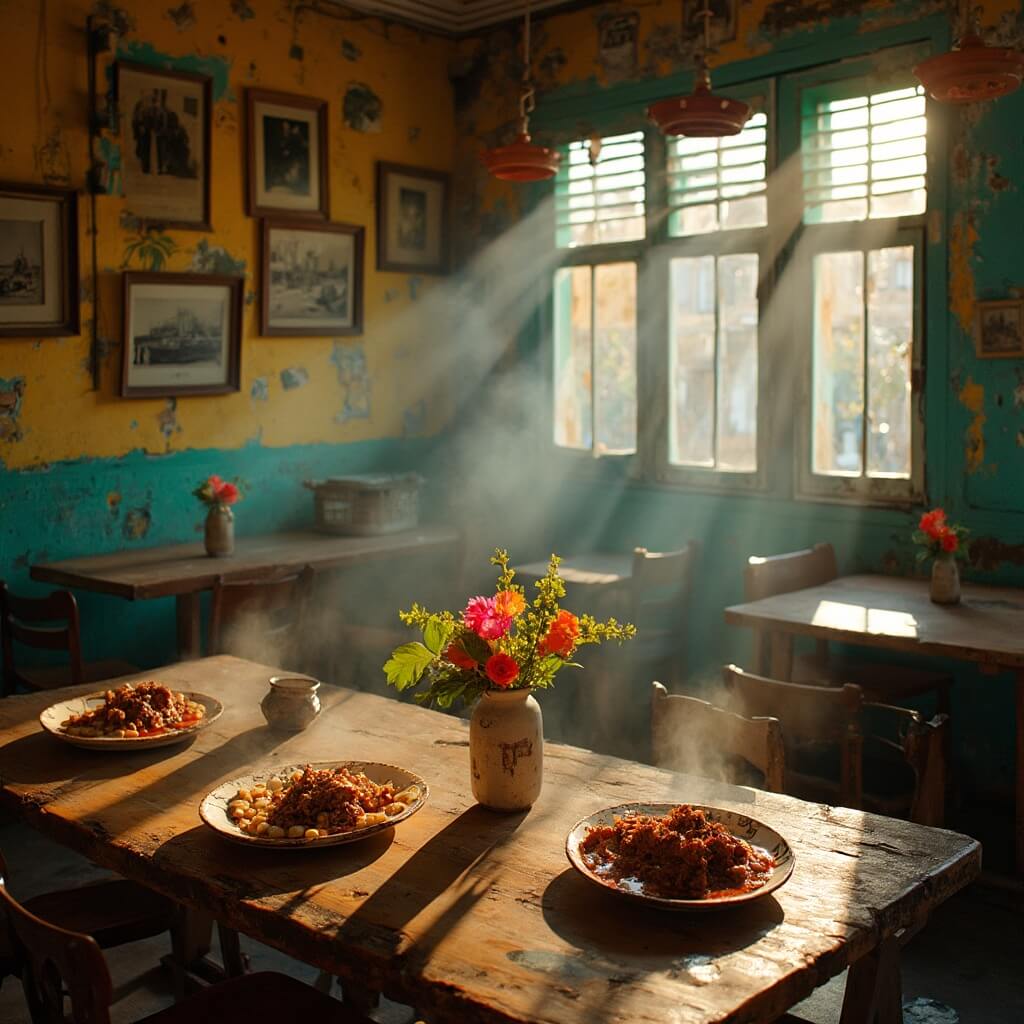 Interior of a vibrant Cuban restaurant with warm lighting, wooden furniture, Havana photos on the walls, and served plates of ropa vieja