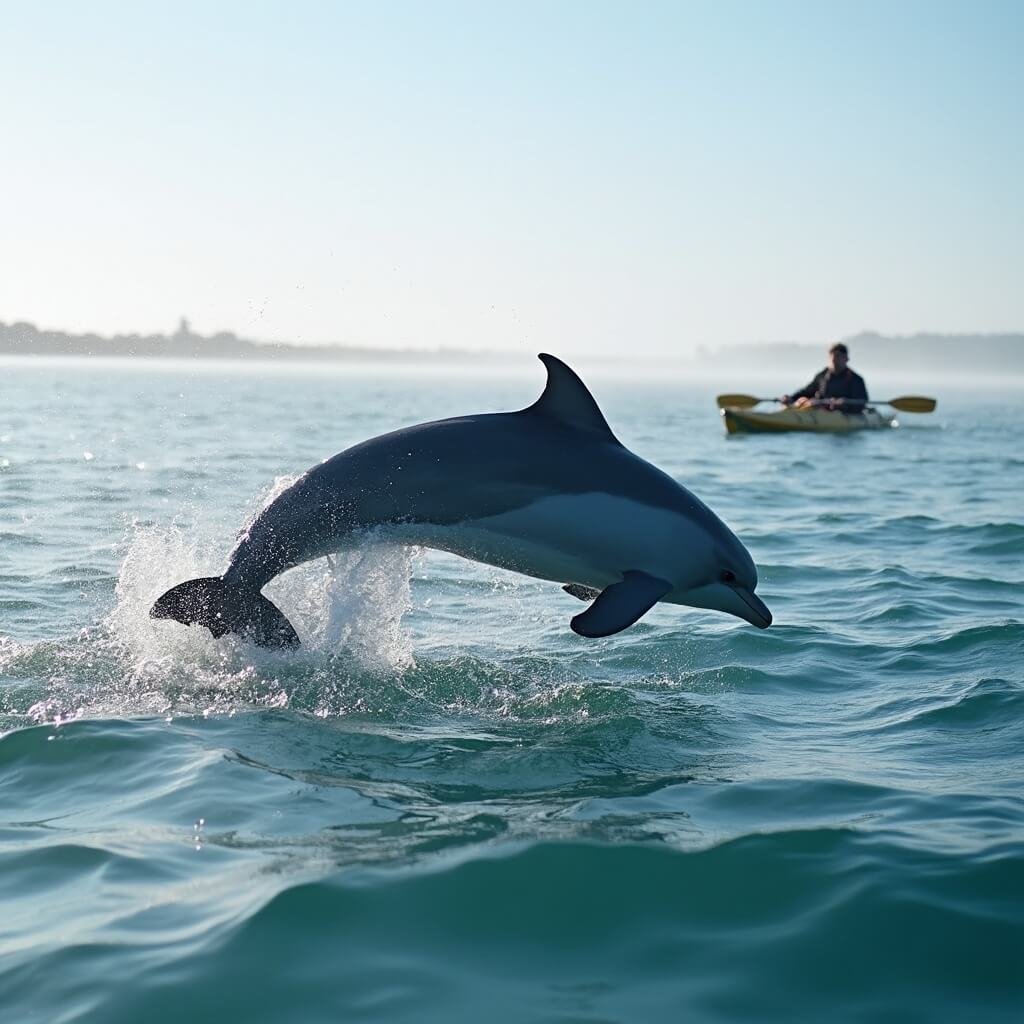 Clearwater Beach in January: Your Ultimate Winter Sun Escape (Without the Crowds!) Dolphin breaching the surface of Clearwater's clear waters on a January morning, with a kayaker in the tranquil winter seascape.