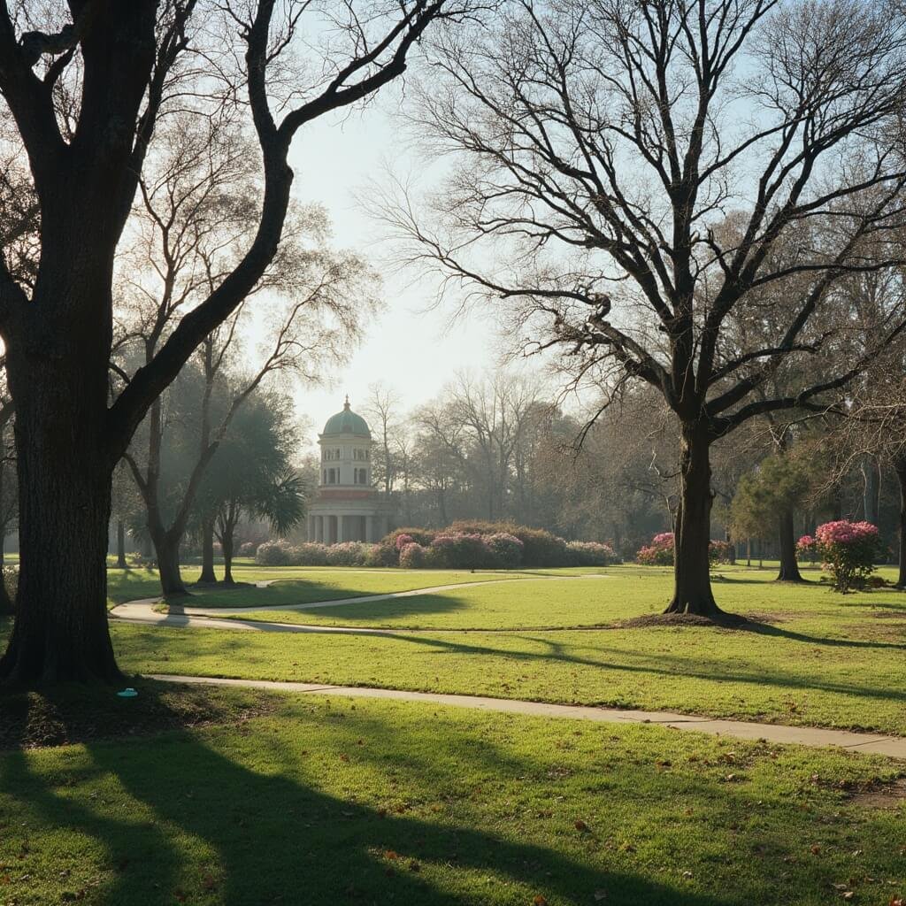 Sunny winter landscape at Dorothy B. Oven Park, Florida with bare trees, green grass, garden paths, distant colorful azalea bushes, pastel architecture, and long shadows