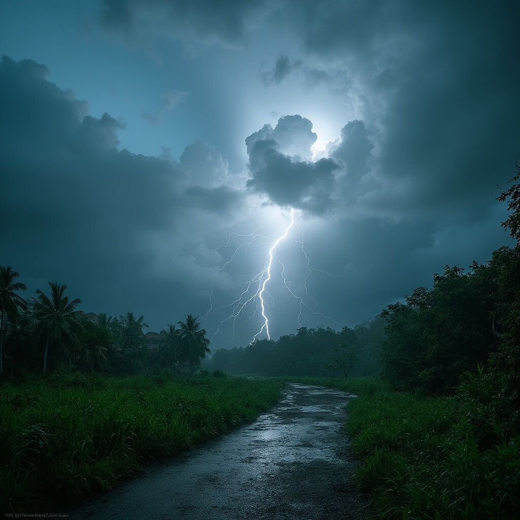 Dramatic thunderstorm with intense lightning over Amelia Earhart Park, featuring dark rain clouds, wet tropical vegetation, and glistening landscape with water droplets and mist.