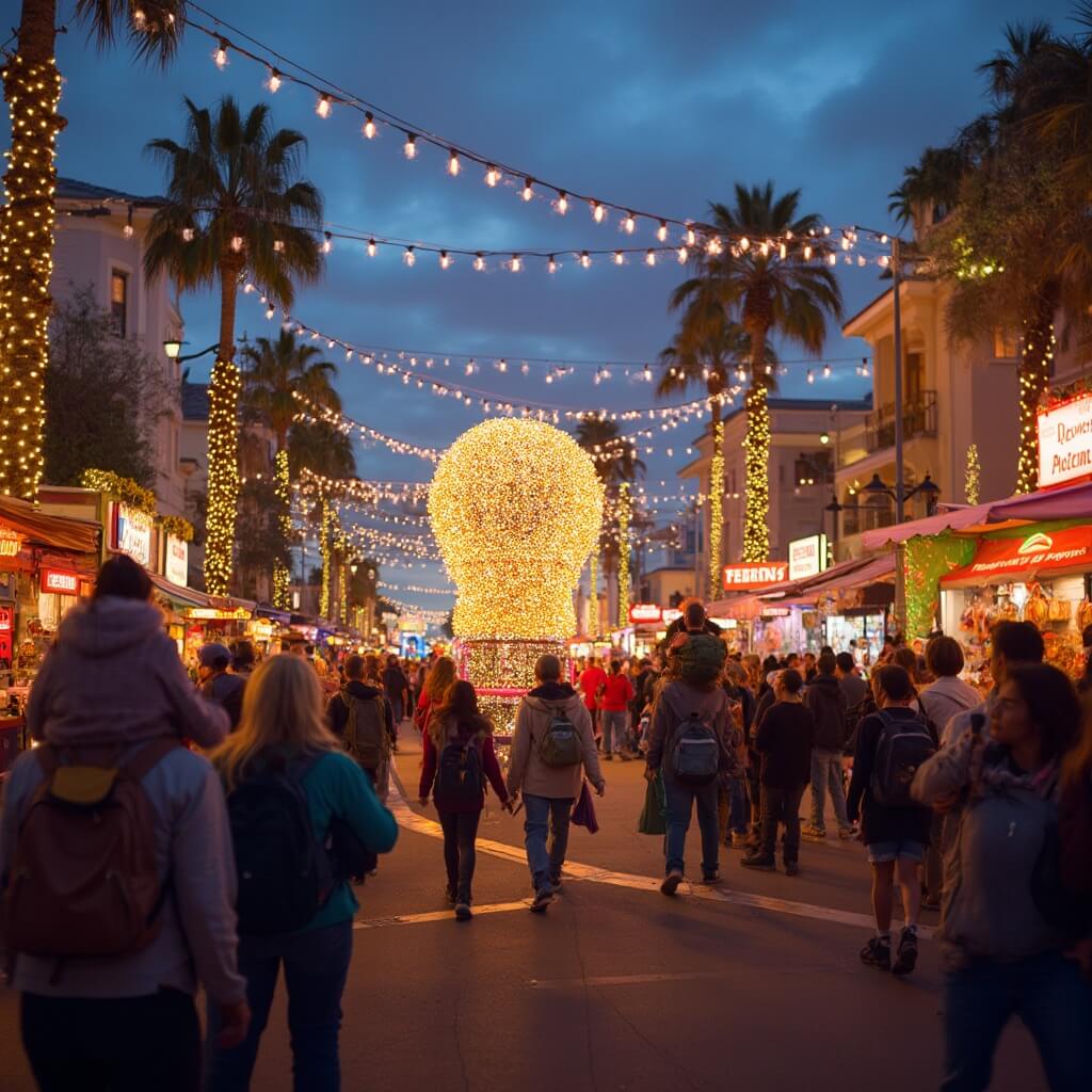 Crowds enjoying the Edison Festival of Lights in Fort Myers, with colorful stalls, a light bulb parade float, and historic buildings illuminated by festival lights.