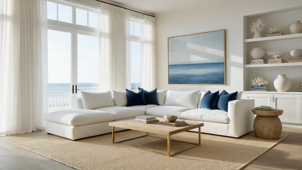 Elegant Coastal Decor: Your Ultimate Guide to Serene, Sophisticated Spaces A sophisticated coastal living room bathed in golden hour light, featuring a cloud-white linen sectional, bleached oak coffee table, layered natural fiber rugs, and rattan armchairs, all accented by a large contemporary seascape artwork and curated white ceramic decor.