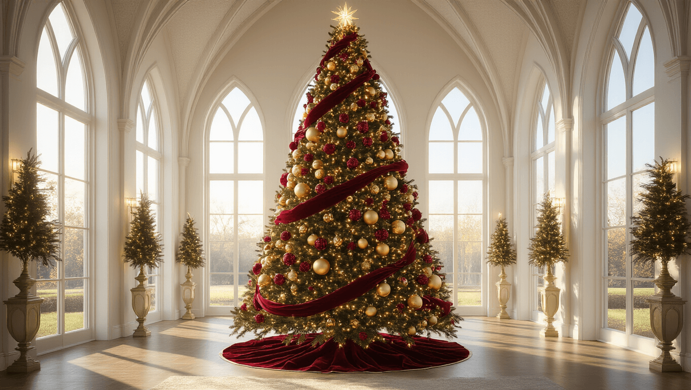 Photorealistic image of a majestic 9-foot Noble fir Christmas tree in a luxurious living room with cathedral ceilings, adorned with gold and red decorations, illuminated by warm sunlight, capturing intricate details and an ethereal atmosphere.