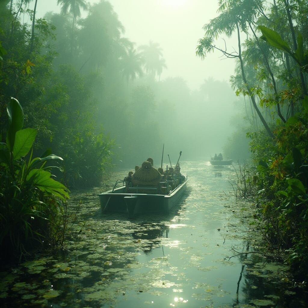 Airboat tour in Everglades showing lush green wetlands, alligators, tropical birds, morning mist through dense vegetation, and reflective water surface