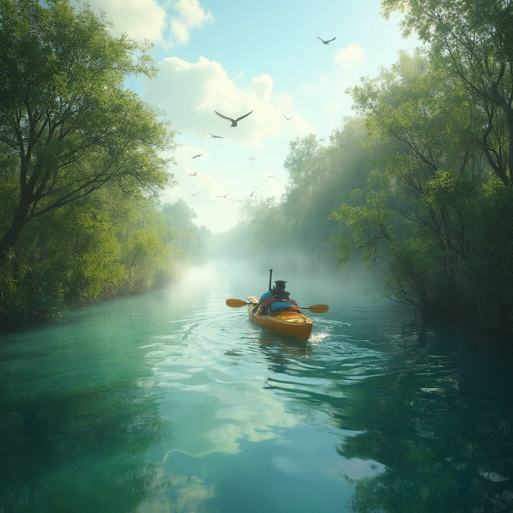 Kayaker exploring the serene Fort Lauderdale Everglades surrounded by mangroves and native birds, with morning mist rising from the crystal-clear waters, captured in a hyperrealistic style with natural lighting