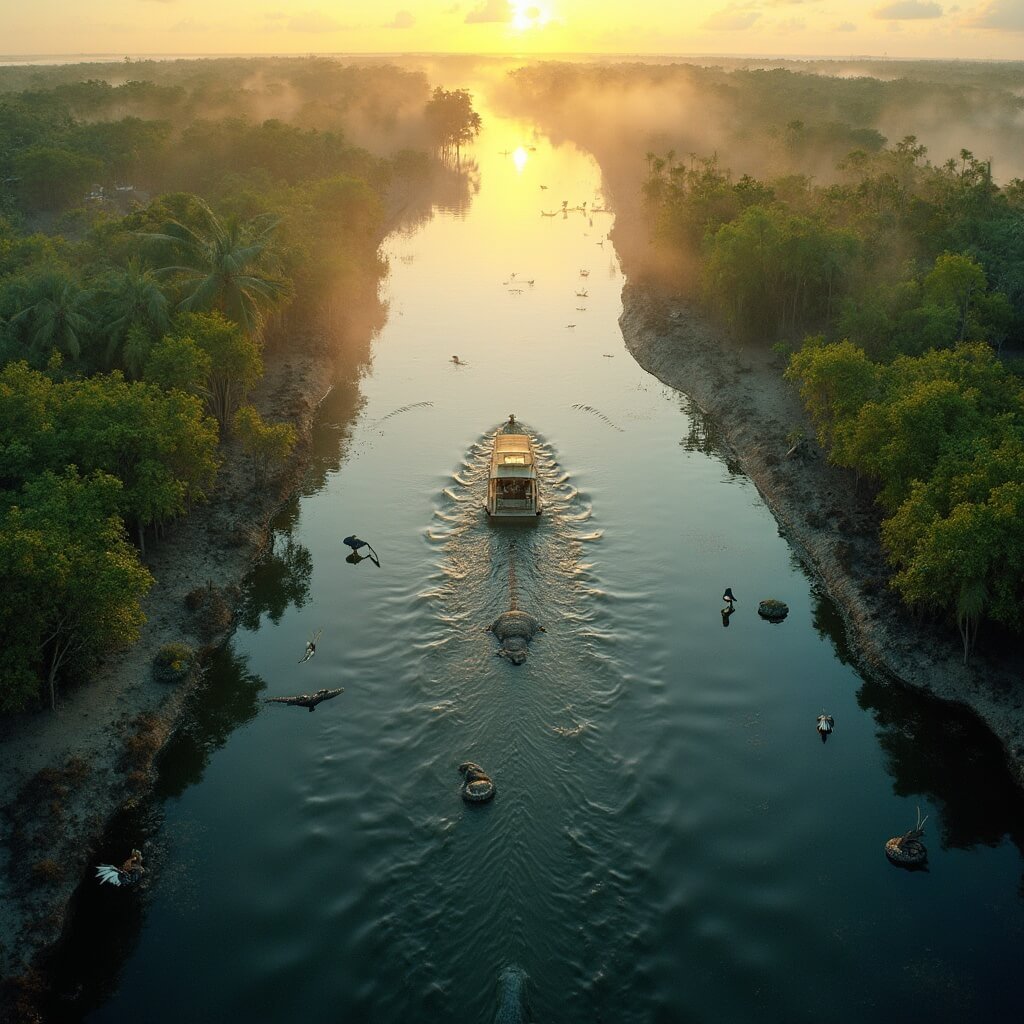 Fort Lauderdale in March: Your Ultimate Sunshine Escape (That'll Make Your Instagram Followers Jealous) Aerial view of an airboat navigating through mangrove waterways in the Everglades at sunrise, with alligators sunbathing on banks, wading birds scattered throughout, and morning light illuminating the rich green vegetation and crystal clear water reflections.