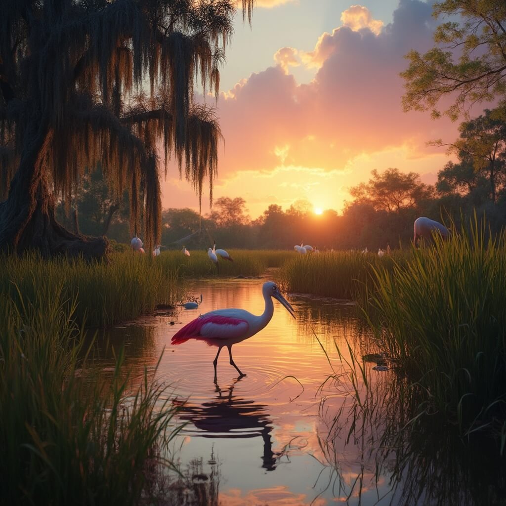 Roseate spoonbill wading in the Everglades marsh at sunset, with white ibises in the background and cypress trees draped with Spanish moss bathed in soft golden light