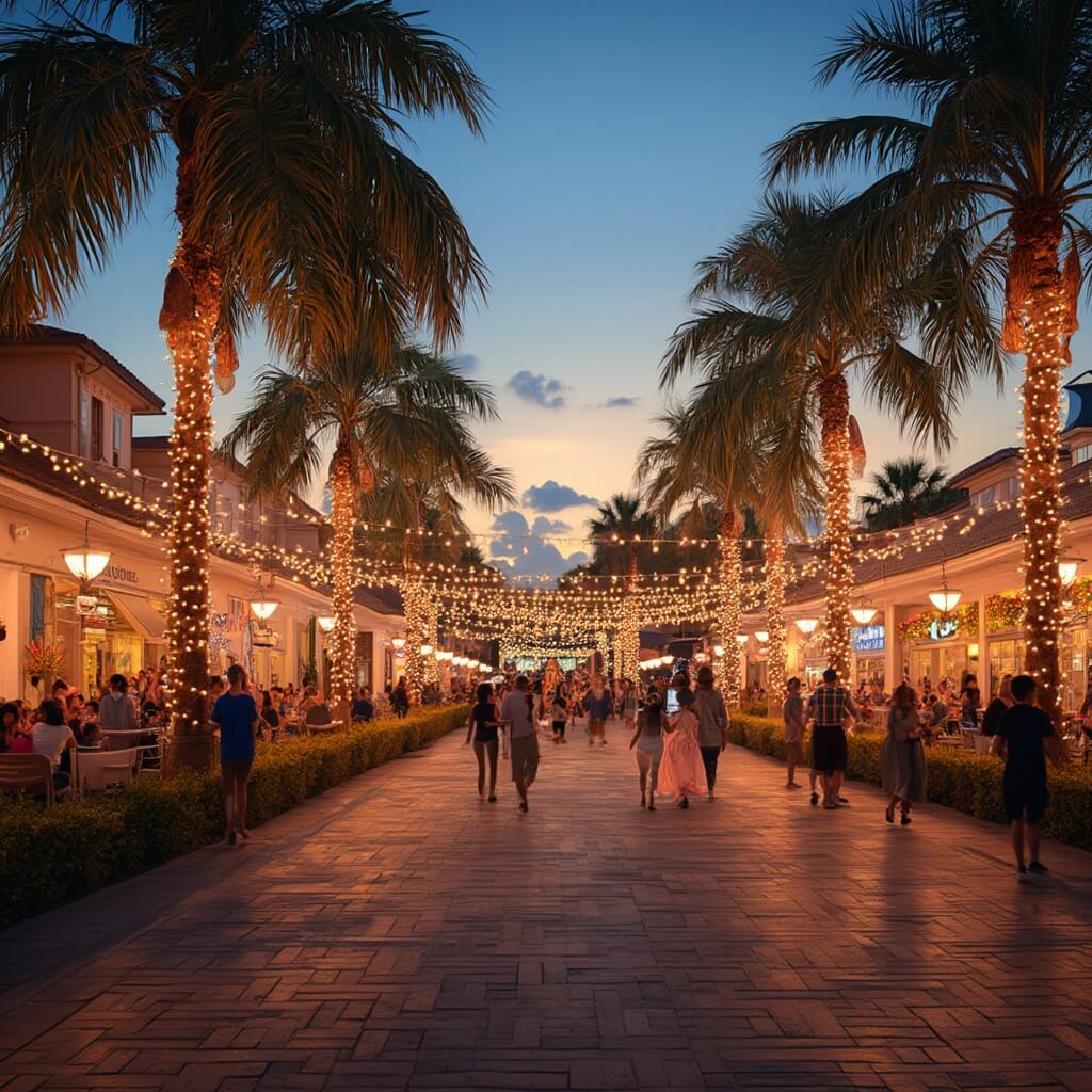 Festive holiday lights illuminating palm trees at Port St. Lucie Civic Center with people enjoying the decorations under a golden sunset glow