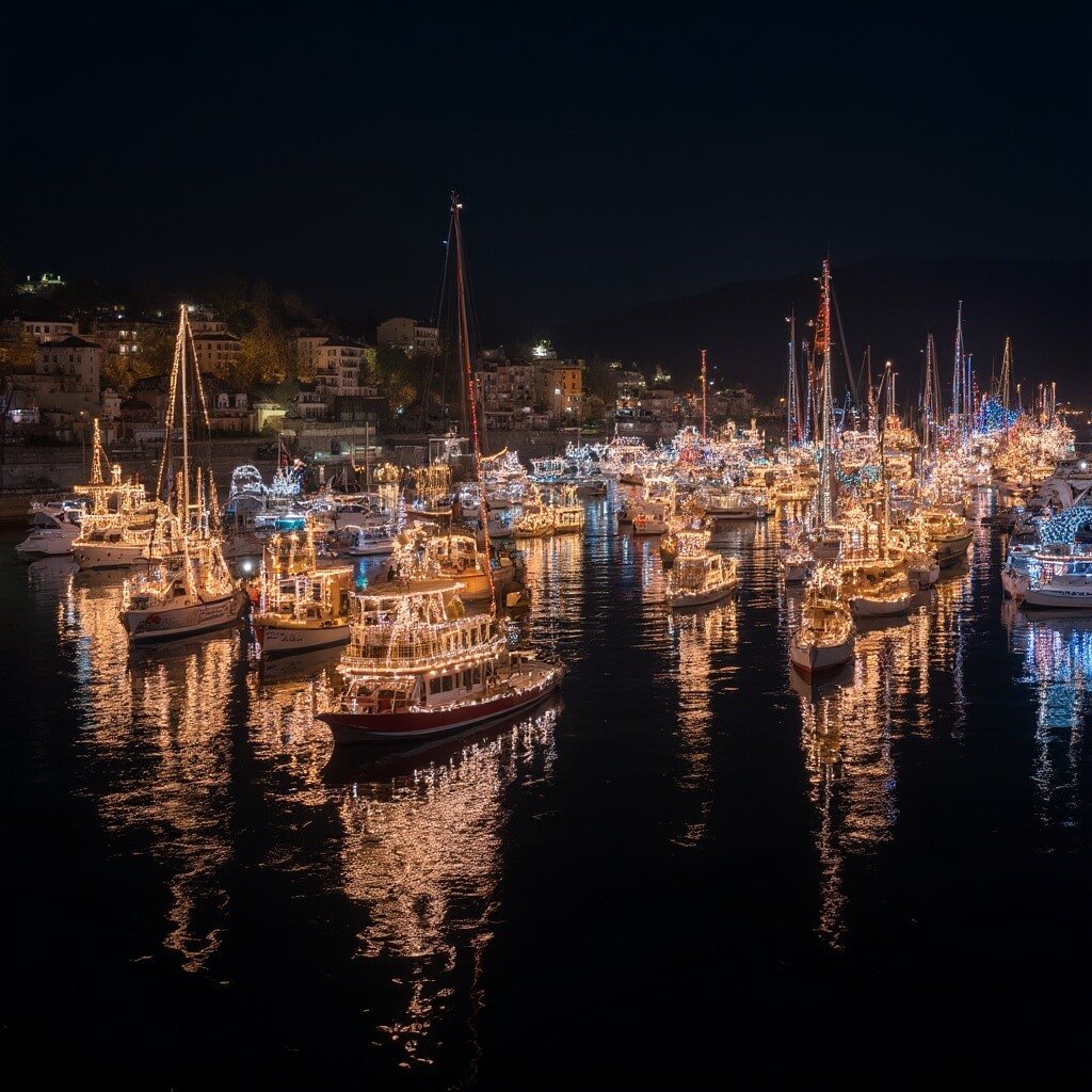 Festive holiday boat parade at night with hundreds of boats decorated with thousands of twinkling Christmas lights reflecting on calm waters, marina in background, wide panoramic view, no people in foreground
