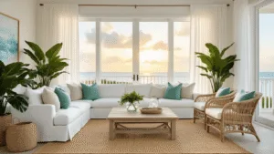 Florida Living Room Ideas: Craft Your Sun-Drenched Coastal Sanctuary Photorealistic interior of a sunlit Florida living room during golden hour, featuring floor-to-ceiling windows, a white slipcovered sectional, natural jute rug, rattan chairs, and coastal artwork, all illuminated by warm sunlight.